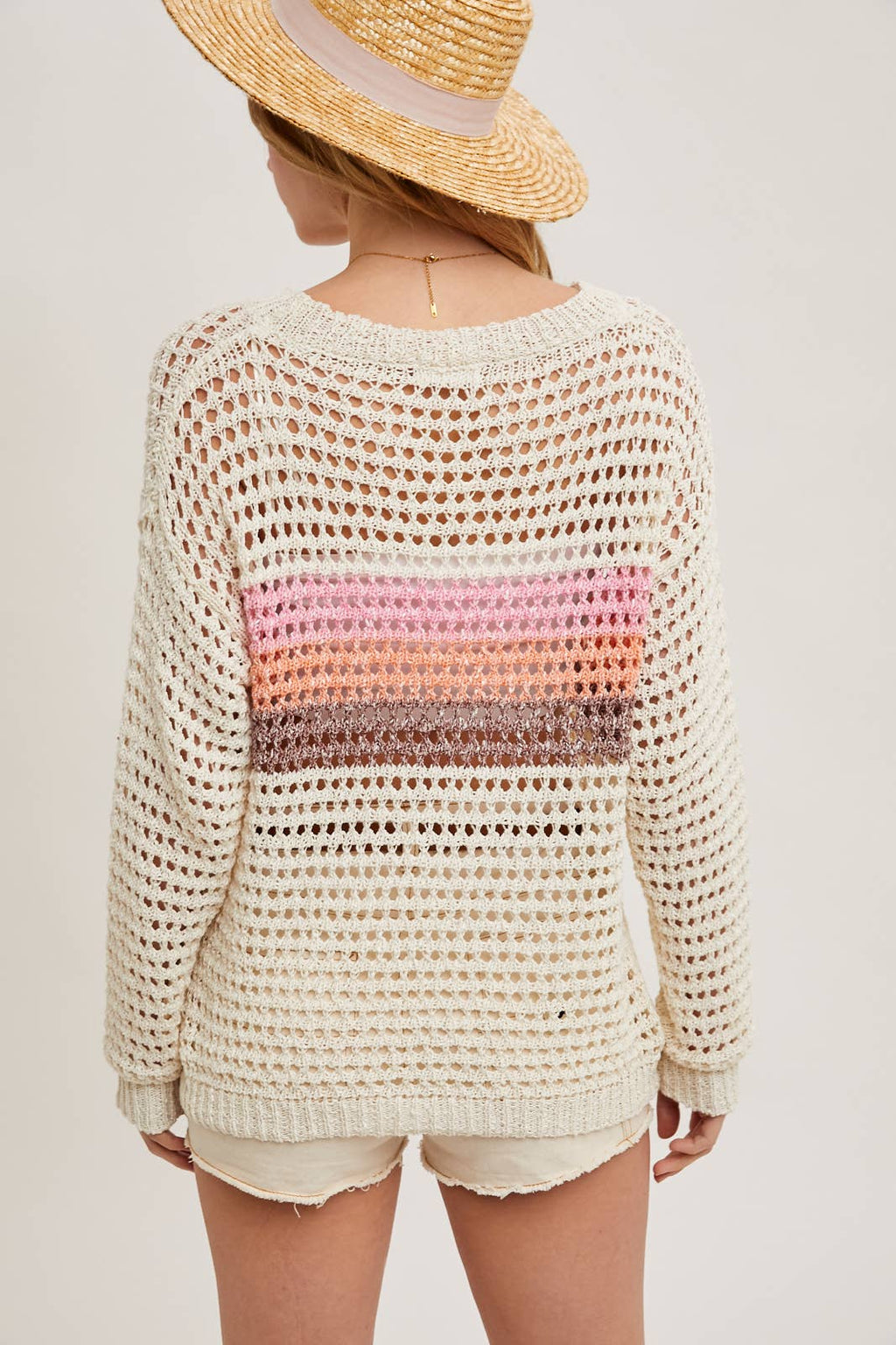Color Block Open Knit Sweater Pullover