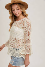 Crochet Sheer Bell-Sleeve Pullover Top
