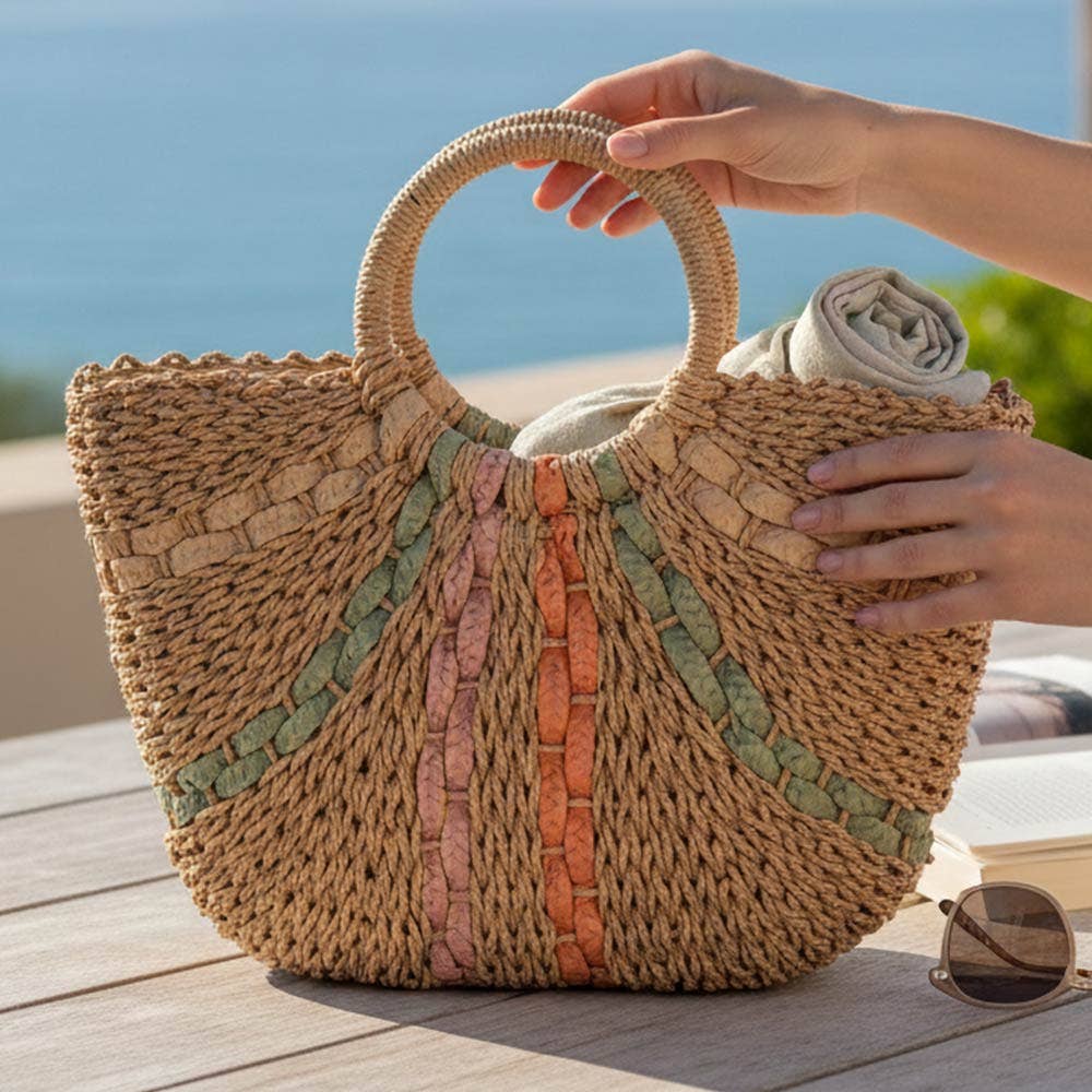 Round Top Handle Woven Tote Bag