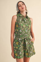 Floral Print Scalloped Edge Button Down Romper