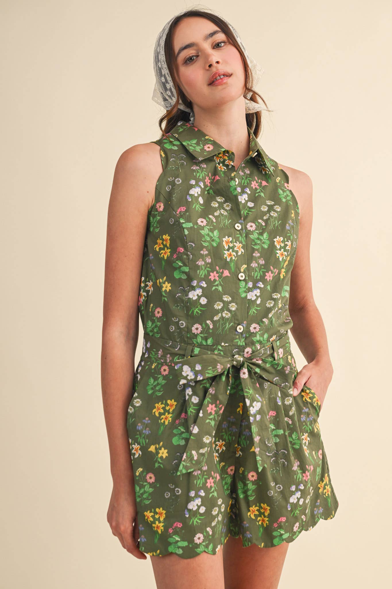 Floral Print Scalloped Edge Button Down Romper