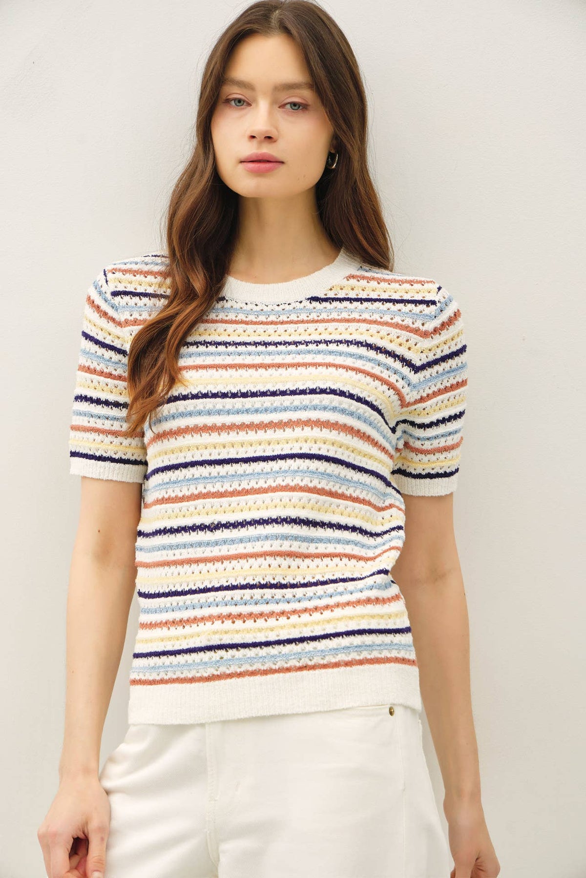 Multi Color Stripe Short Sleeve Textured Sweater