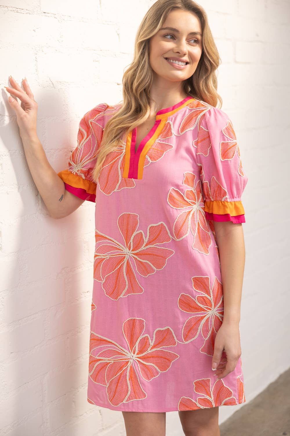 Multi Color Ruffled Large Floral Embroidered Dress
