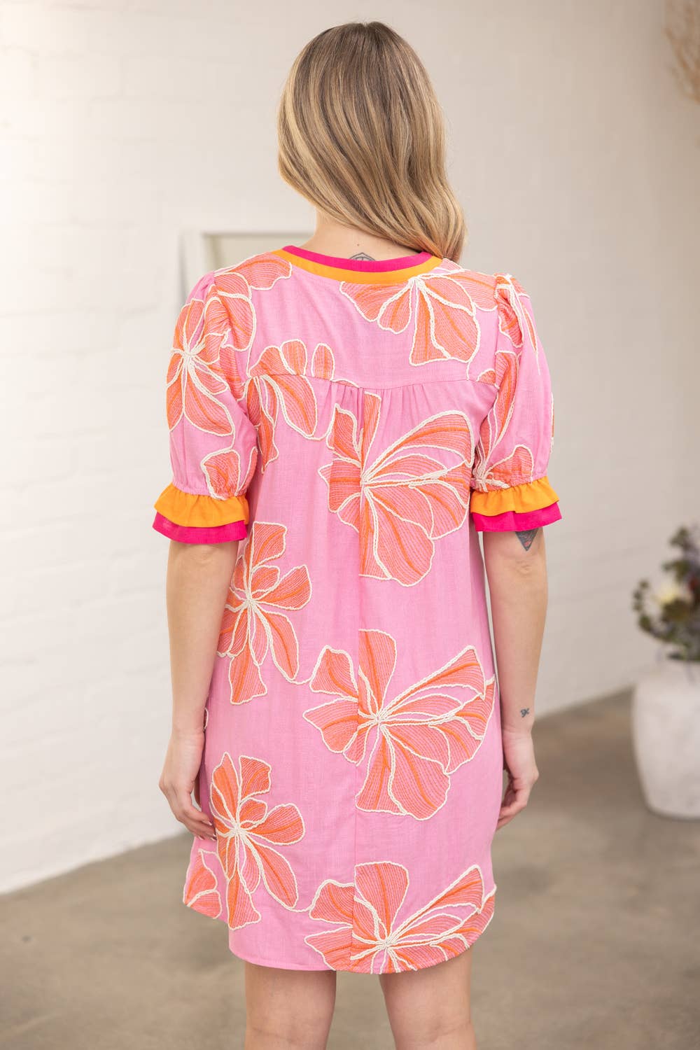 Multi Color Ruffled Large Floral Embroidered Dress