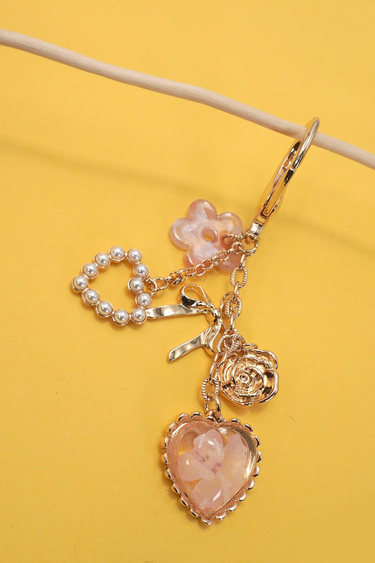 Bag Charm - Pressed Flower Bow Pearl Heart