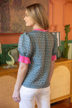 Contrast Ruffled  Neck and Sleeve Floral Top