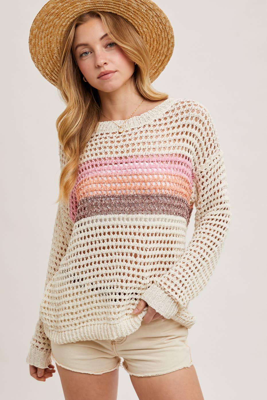 Color Block Open Knit Sweater Pullover