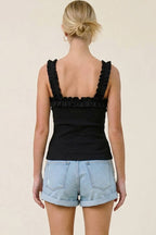 Ruffle-Trim Ribbed Tie-Front Tank