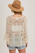 Crochet Sheer Bell-Sleeve Pullover Top