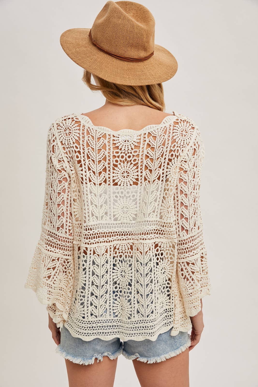 Crochet Sheer Bell-Sleeve Pullover Top