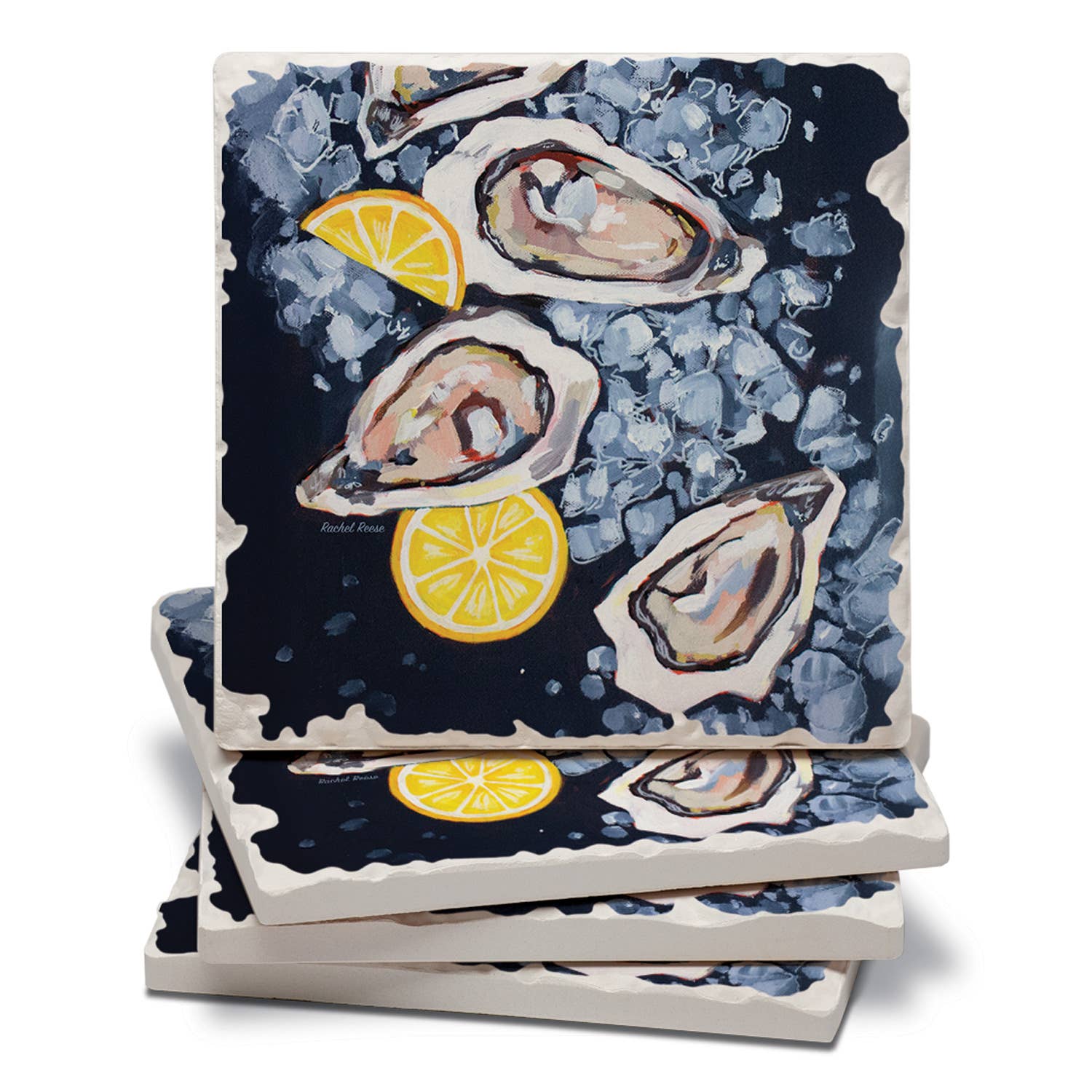 Oysters 4 Pack Tumbled Tile Stone Coasters