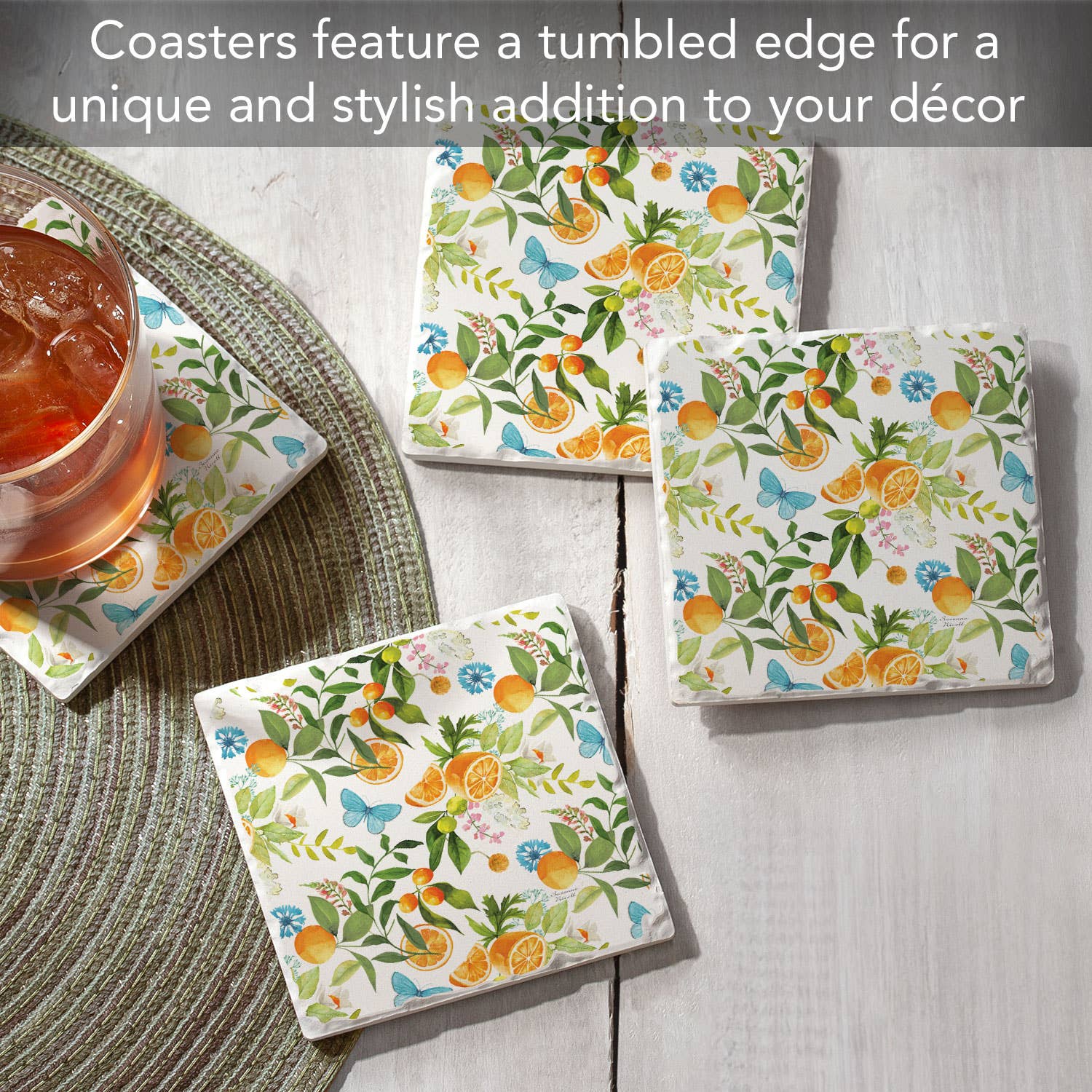 "Sweet Clementine" Tumbled Tile Stone Coaster 4 Pack
