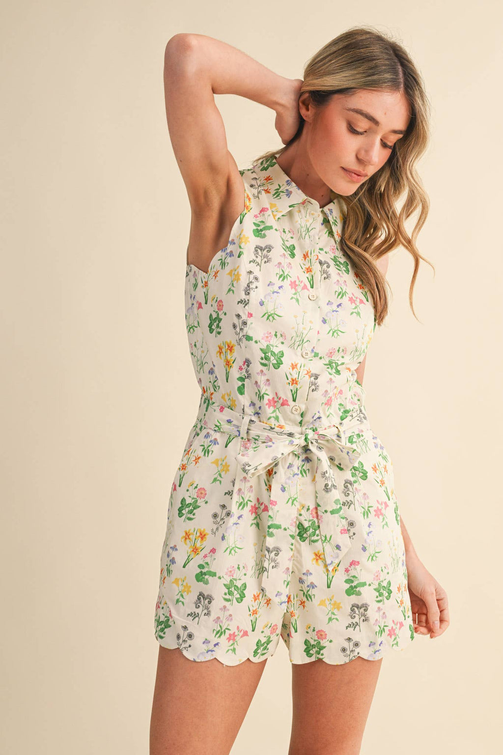 Floral Print Scalloped Edge Button Down Romper