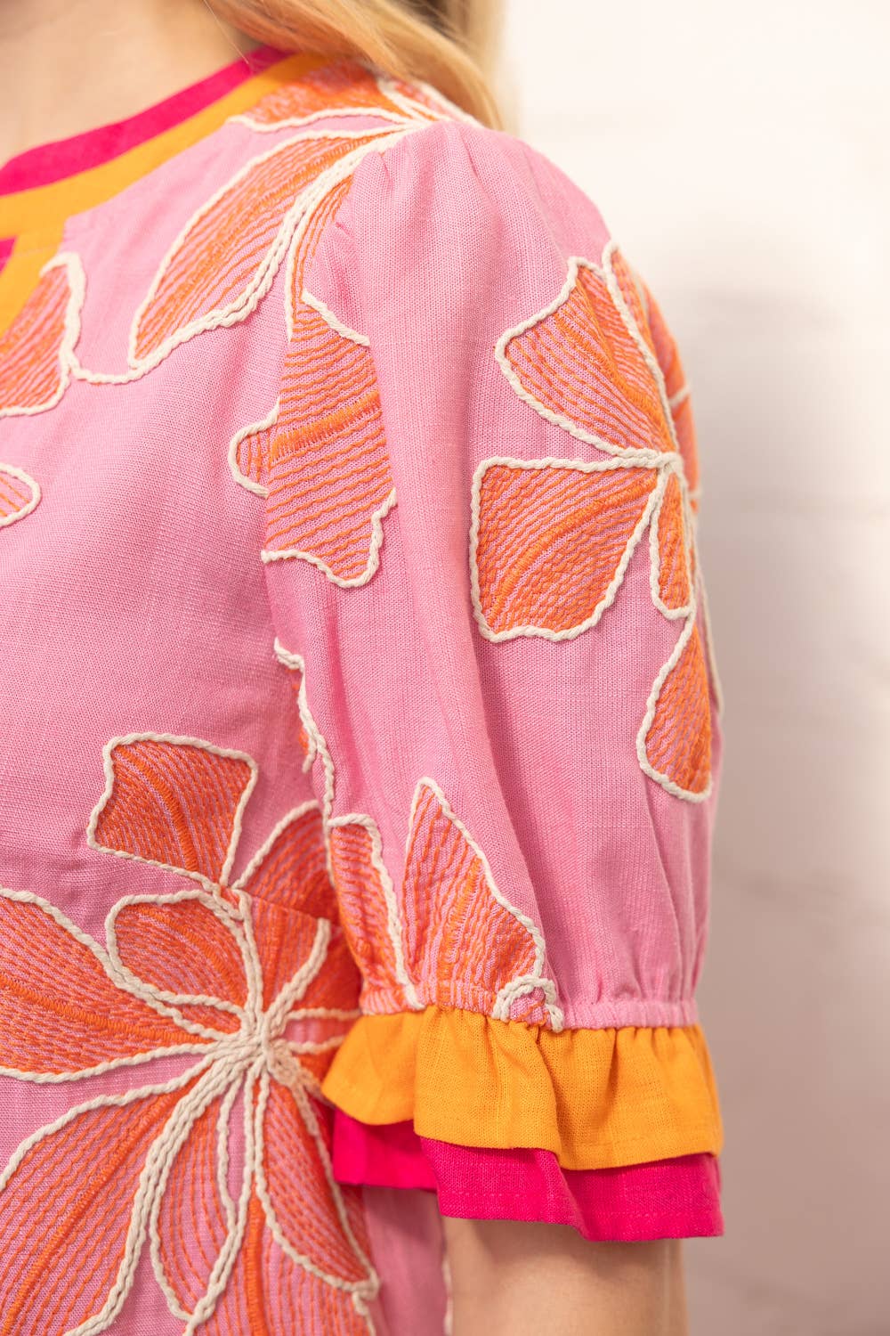 Multi Color Ruffled Large Floral Embroidered Dress