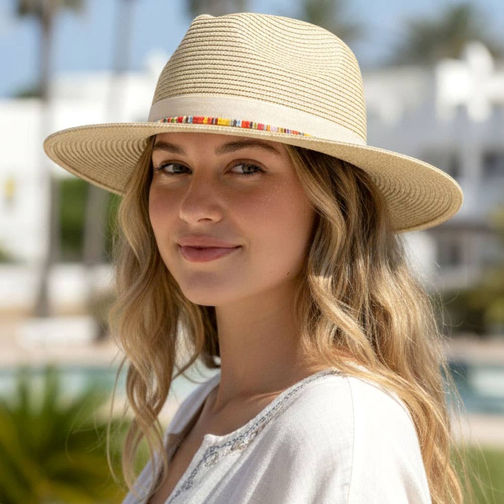 Multicolor Trim Bow Band Woven Straw Summer Fedora Hat