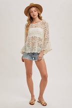 Crochet Sheer Bell-Sleeve Pullover Top