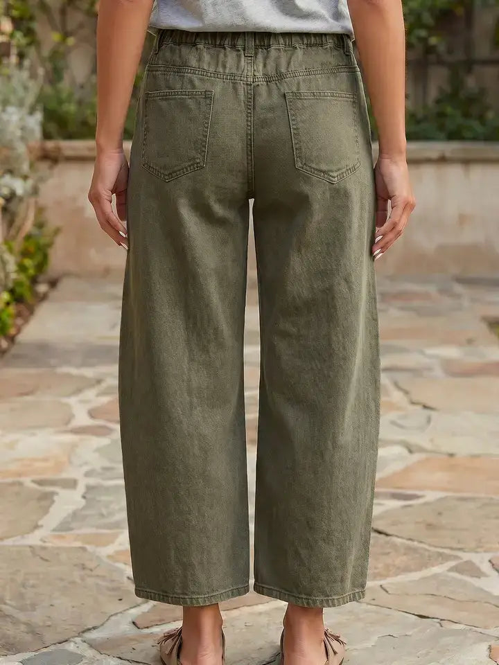 Solid Denim Barrel Jeans High Waist Patch Pocket Clover