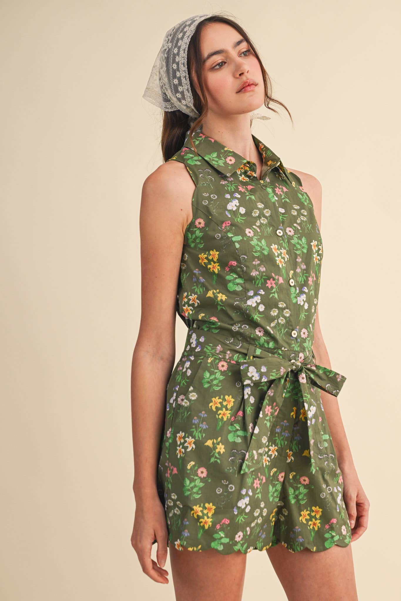 Floral Print Scalloped Edge Button Down Romper