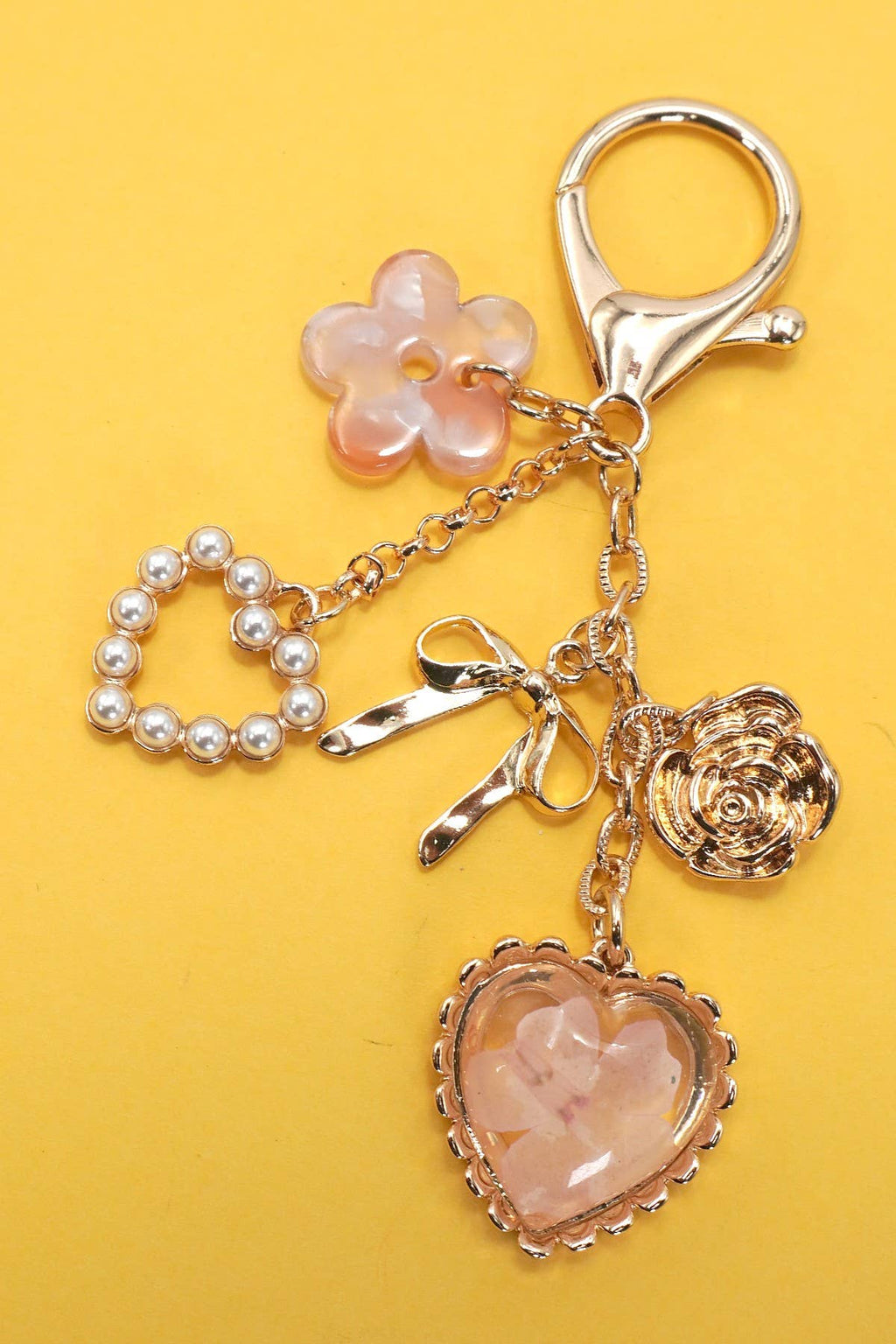 Bag Charm - Pressed Flower Bow Pearl Heart