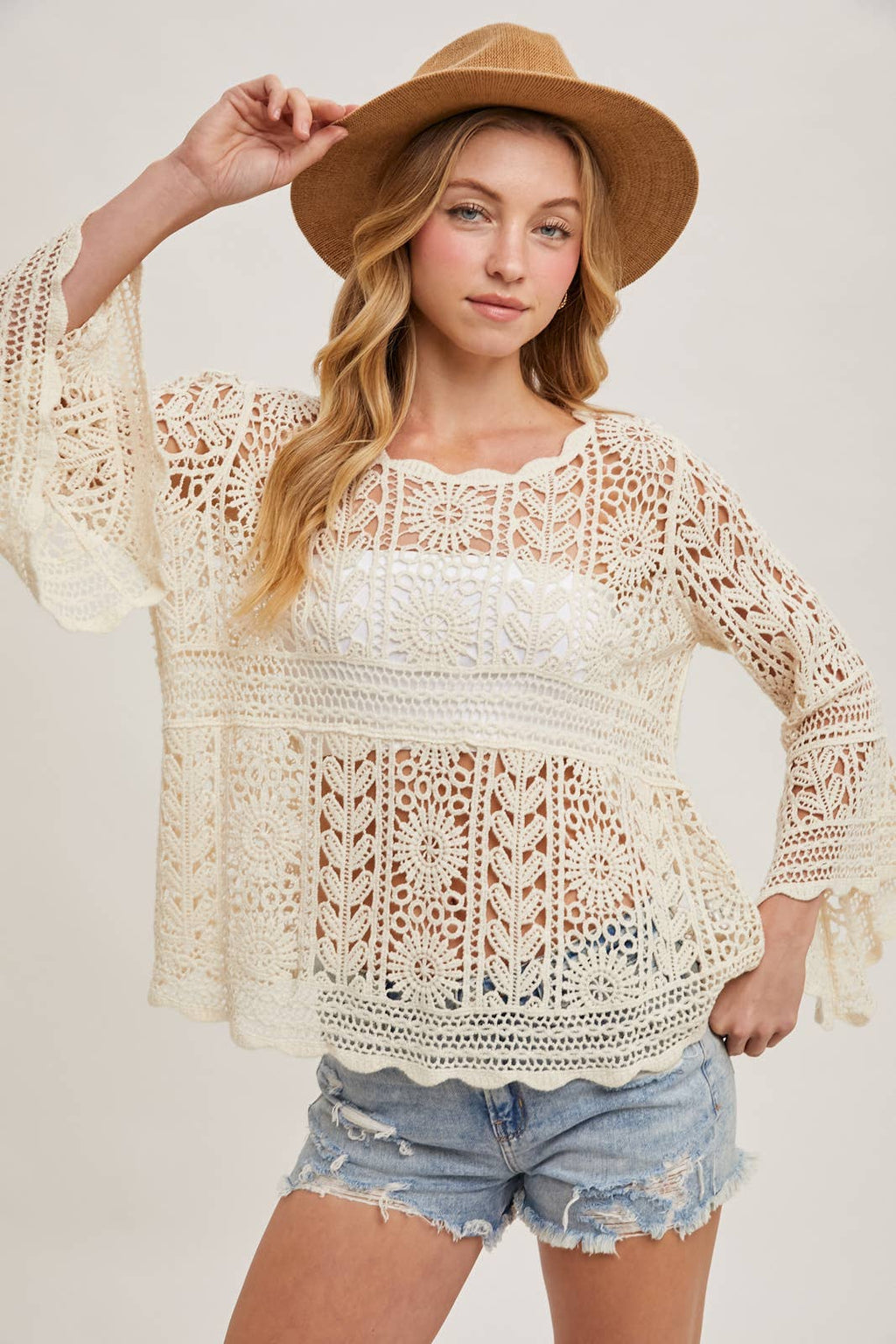 Crochet Sheer Bell-Sleeve Pullover Top
