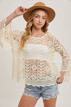 Crochet Sheer Bell-Sleeve Pullover Top