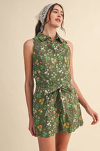 Floral Print Scalloped Edge Button Down Romper