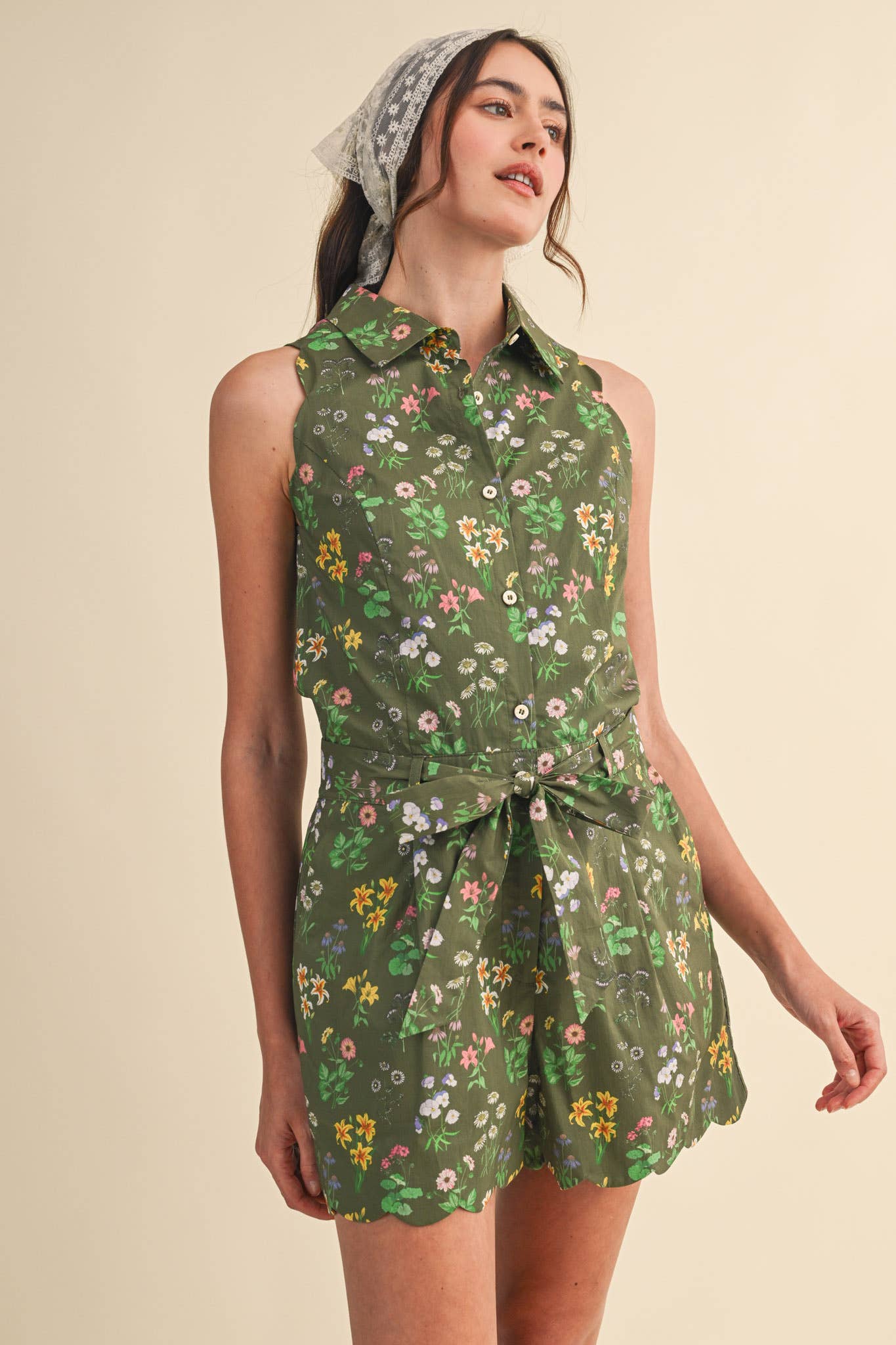 Floral Print Scalloped Edge Button Down Romper