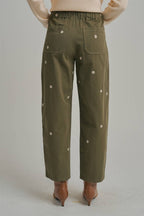 Floral Embroidered Barrel Shaped Relaxed Pants Olive