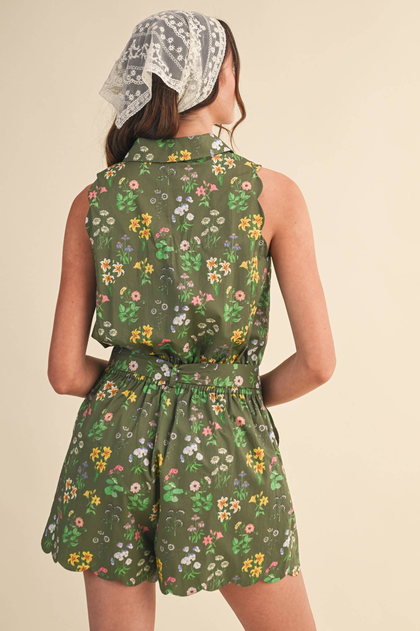 Floral Print Scalloped Edge Button Down Romper