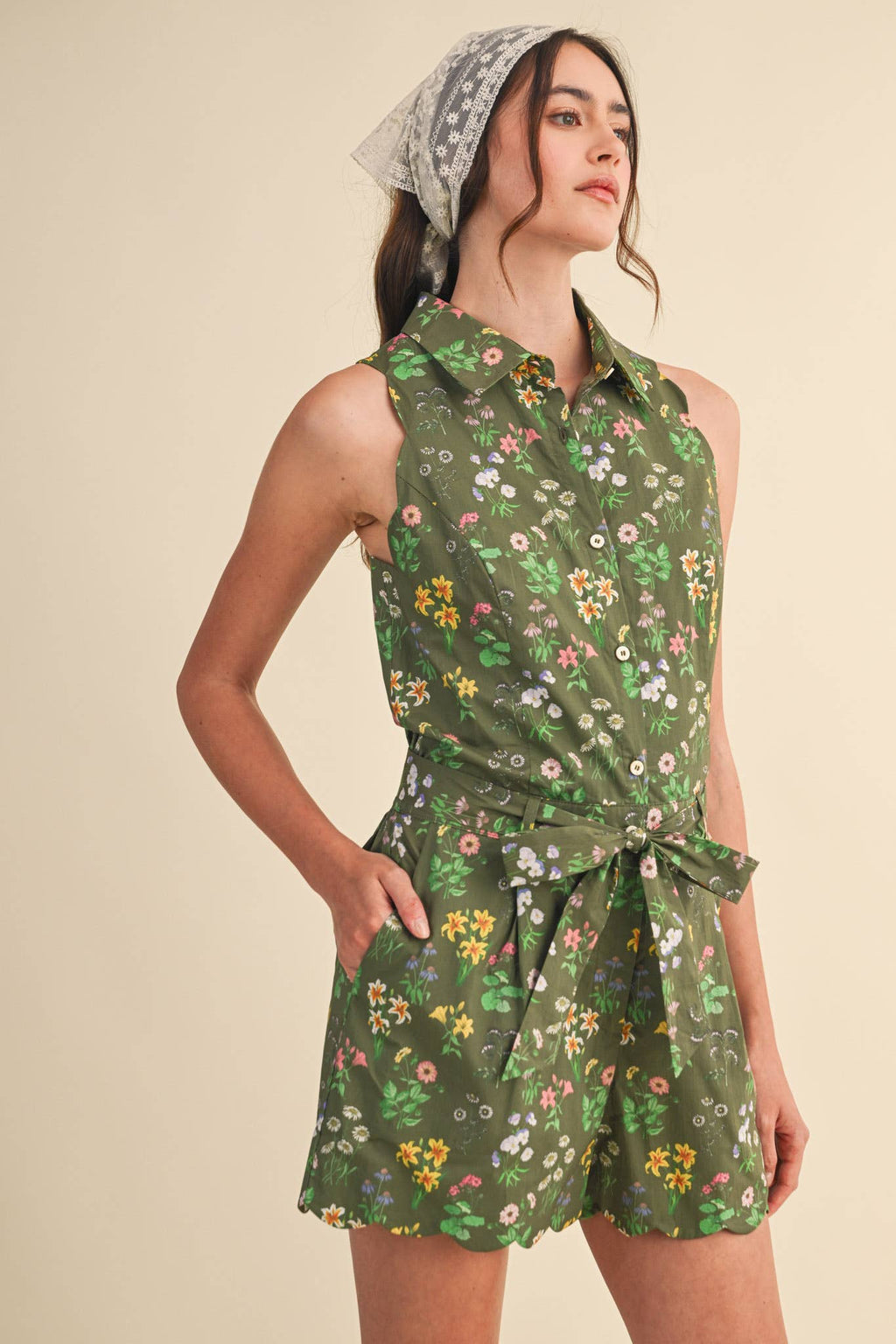 Floral Print Scalloped Edge Button Down Romper