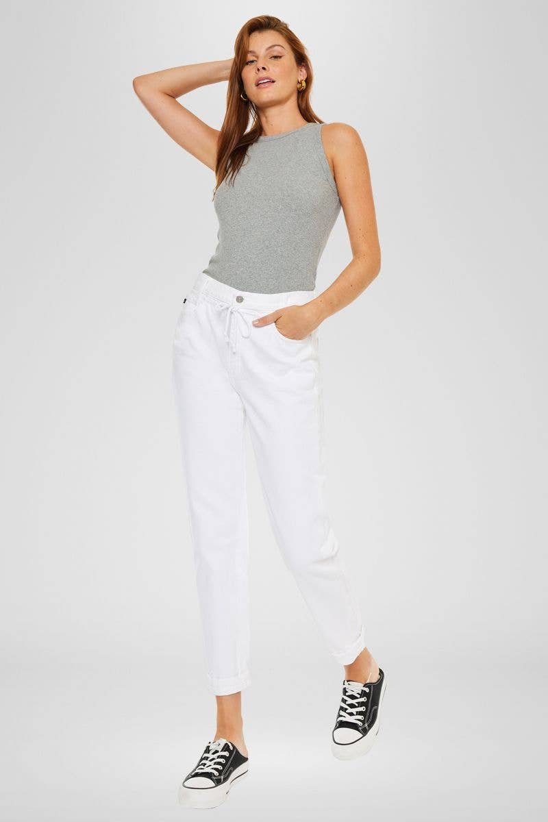 Slouch Fit Drawstring White Denim Jeans