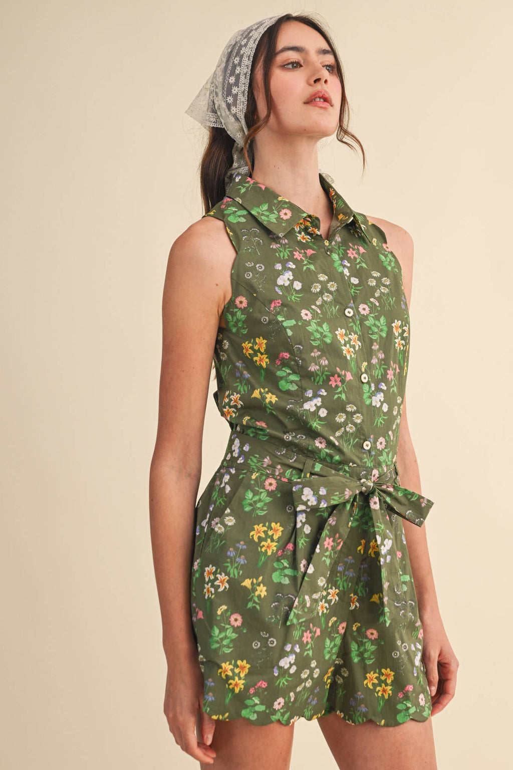 Floral Print Scalloped Edge Button Down Romper