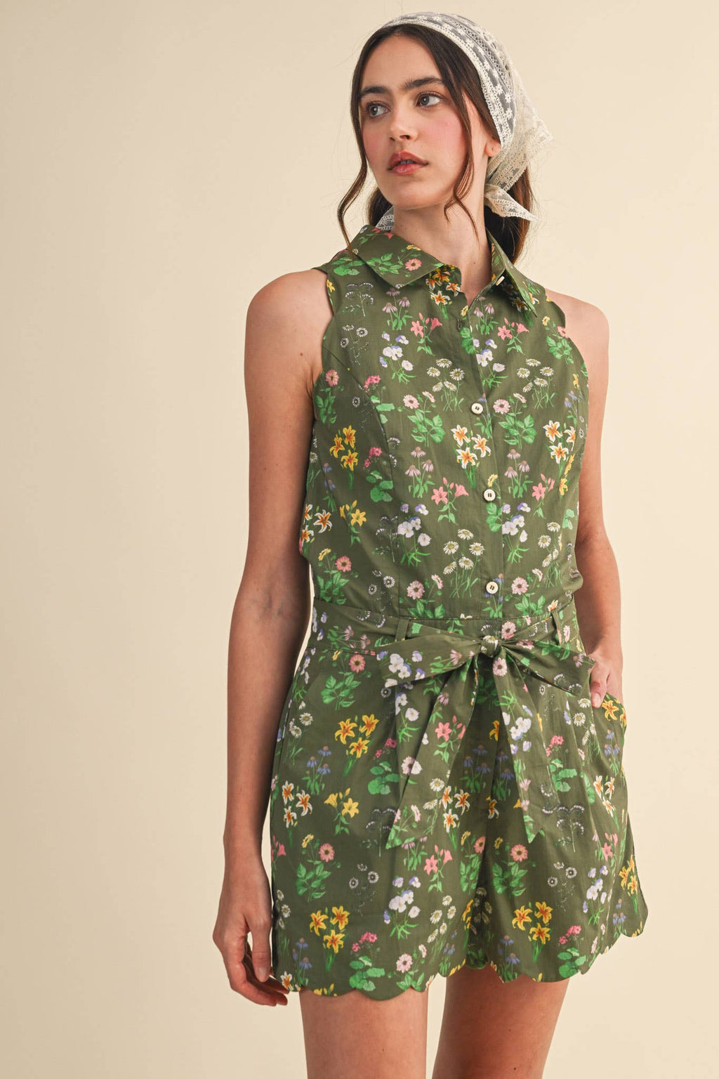Floral Print Scalloped Edge Button Down Romper