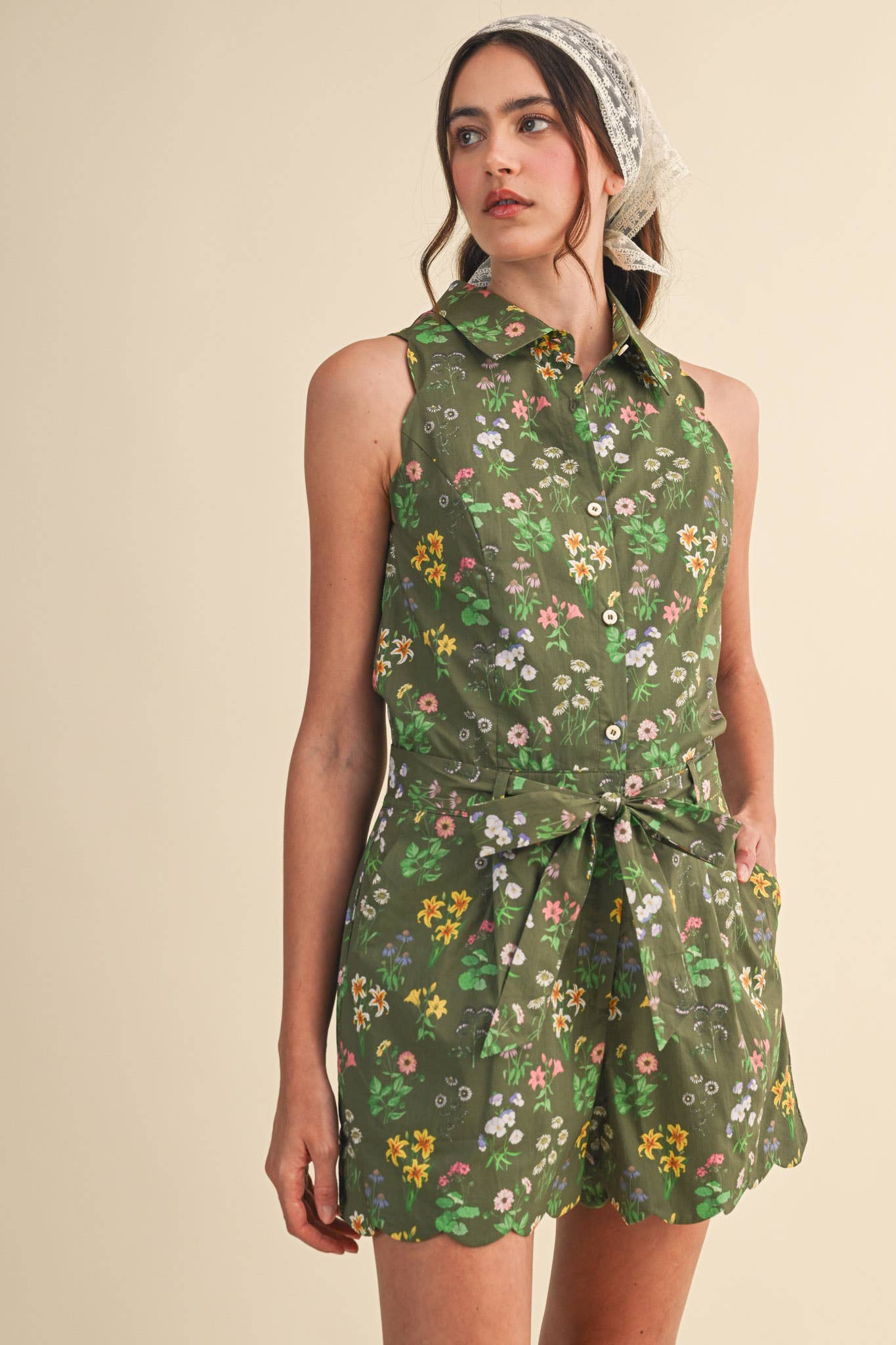 Floral Print Scalloped Edge Button Down Romper