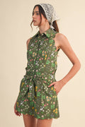 Floral Print Scalloped Edge Button Down Romper