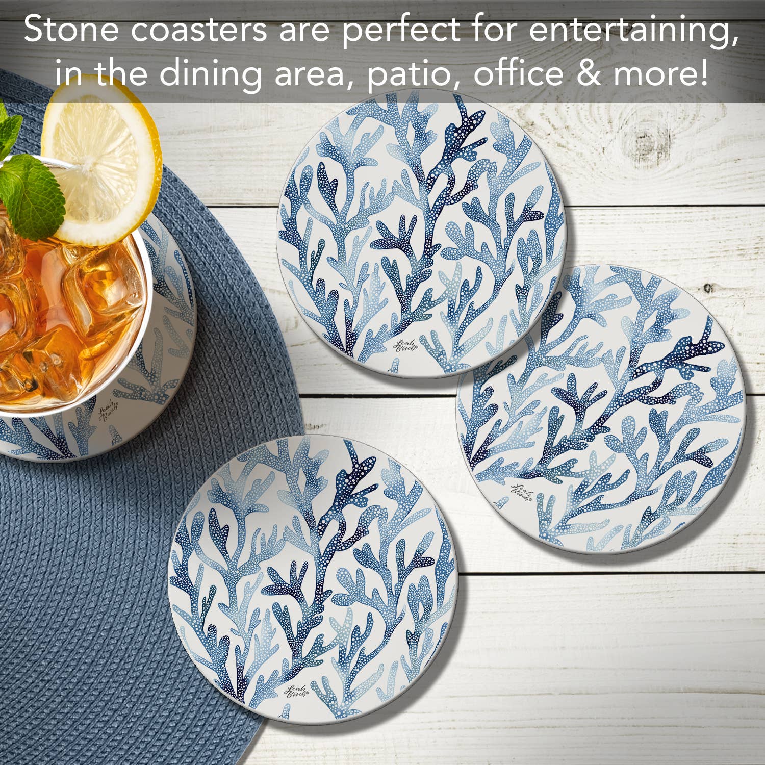 "Ocean Coral" 4 Pack Round Absorbent Stone Coasters