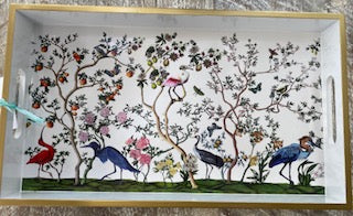 Bird and Branch Chinoiserie Wood Lacquer Vanity Tray 12.25x7"
