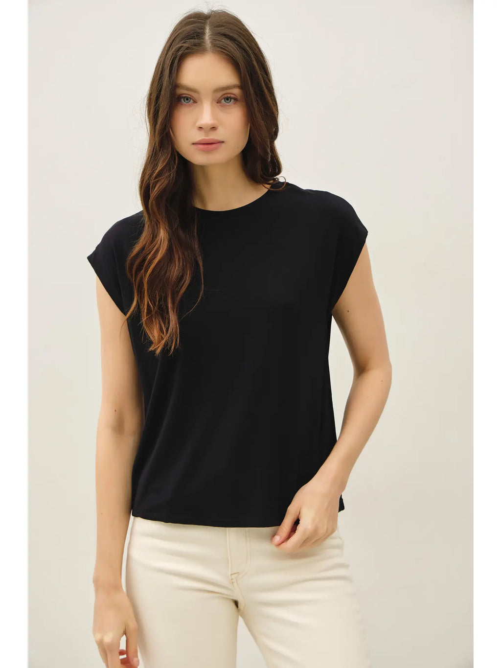 Bamboo Modal Cap Sleeve Basic Round Neck Top Black