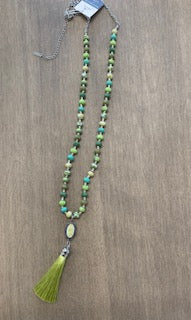 Botanical Green Handmade Bead Necklace with Tassel