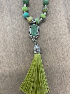 Botanical Green Handmade Bead Necklace with Tassel