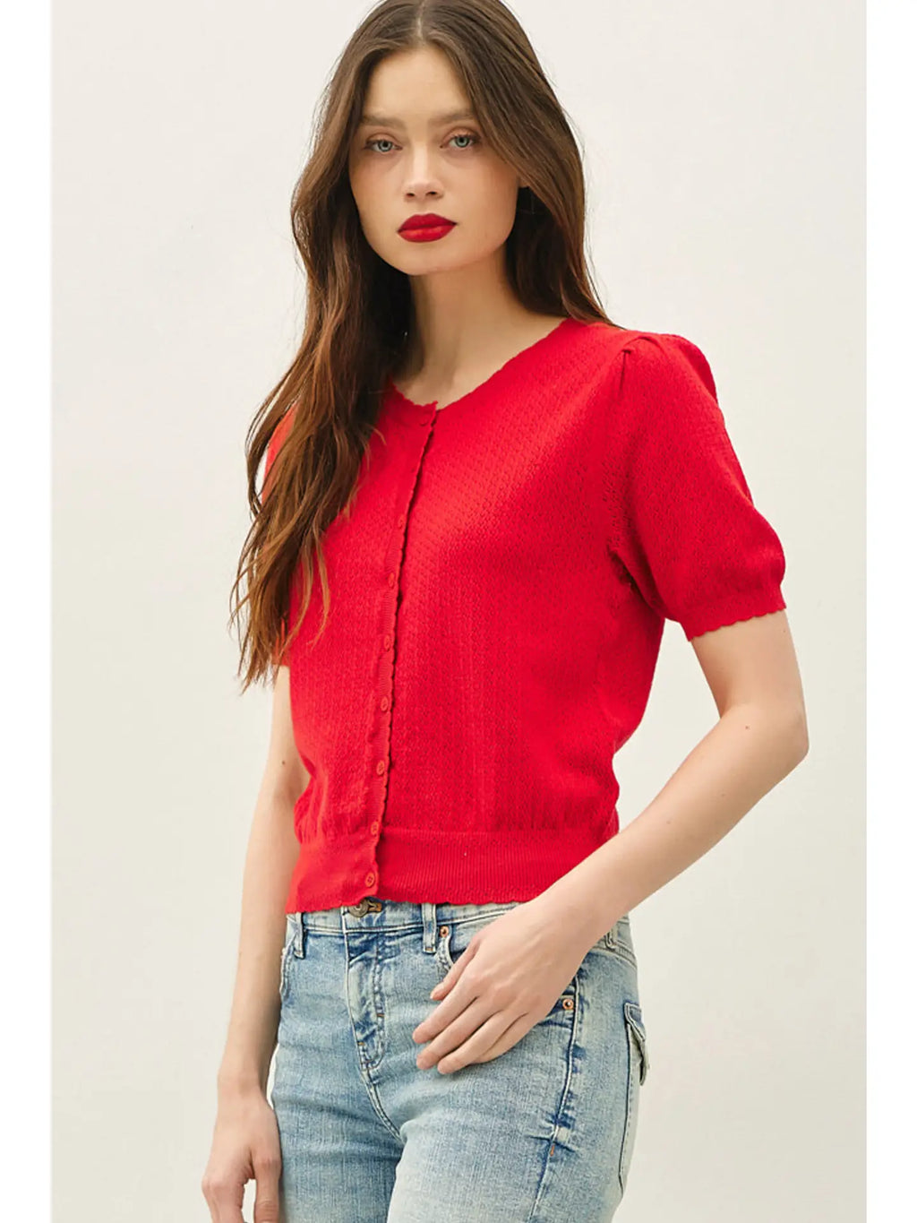 Pointelle Short Sleeve Cardigan Red