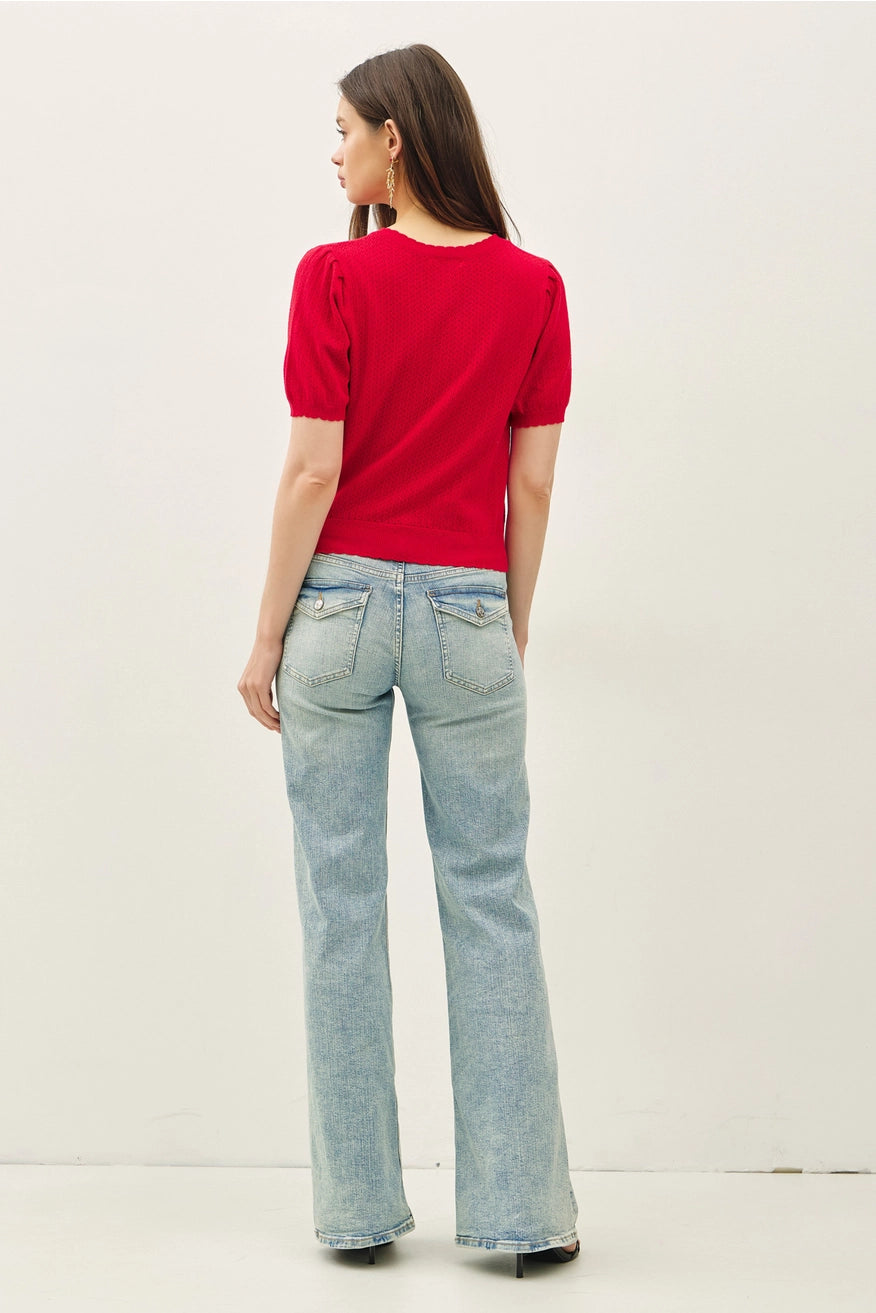 Pointelle Short Sleeve Cardigan Red