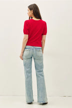 Pointelle Short Sleeve Cardigan Red