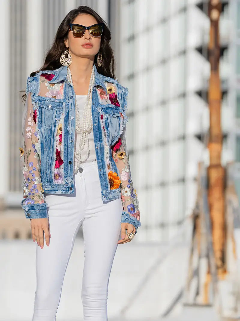 Denim Lace Jacket with Floral Embroidery