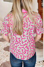 Floral Collared V Neck Short Puff Sleeve Blouse Top