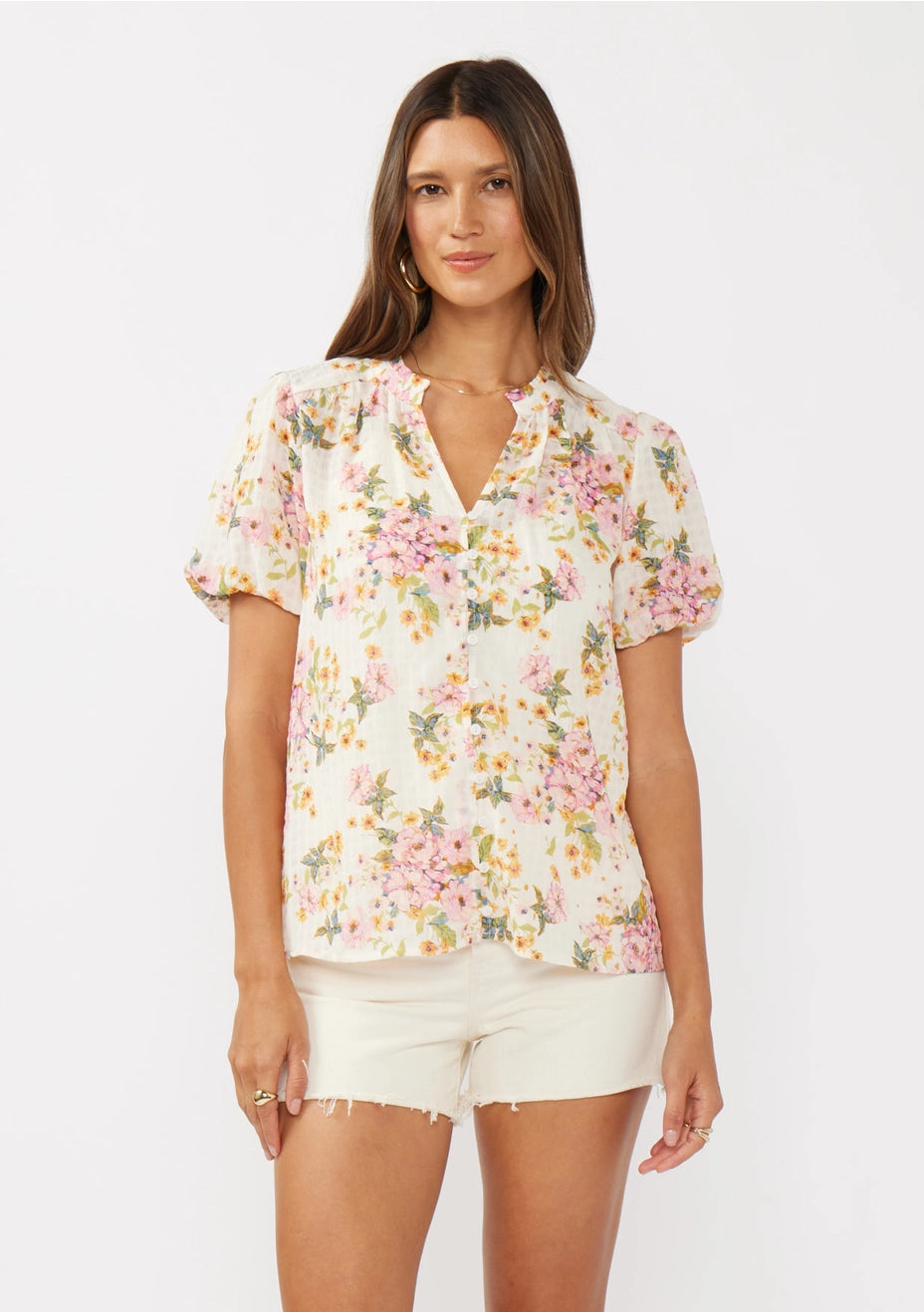 Floral Puff Sleeve Button-Down Top