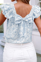 Floral Ruffled Short Sleeve Square Neck Bow Back Blouse Blue