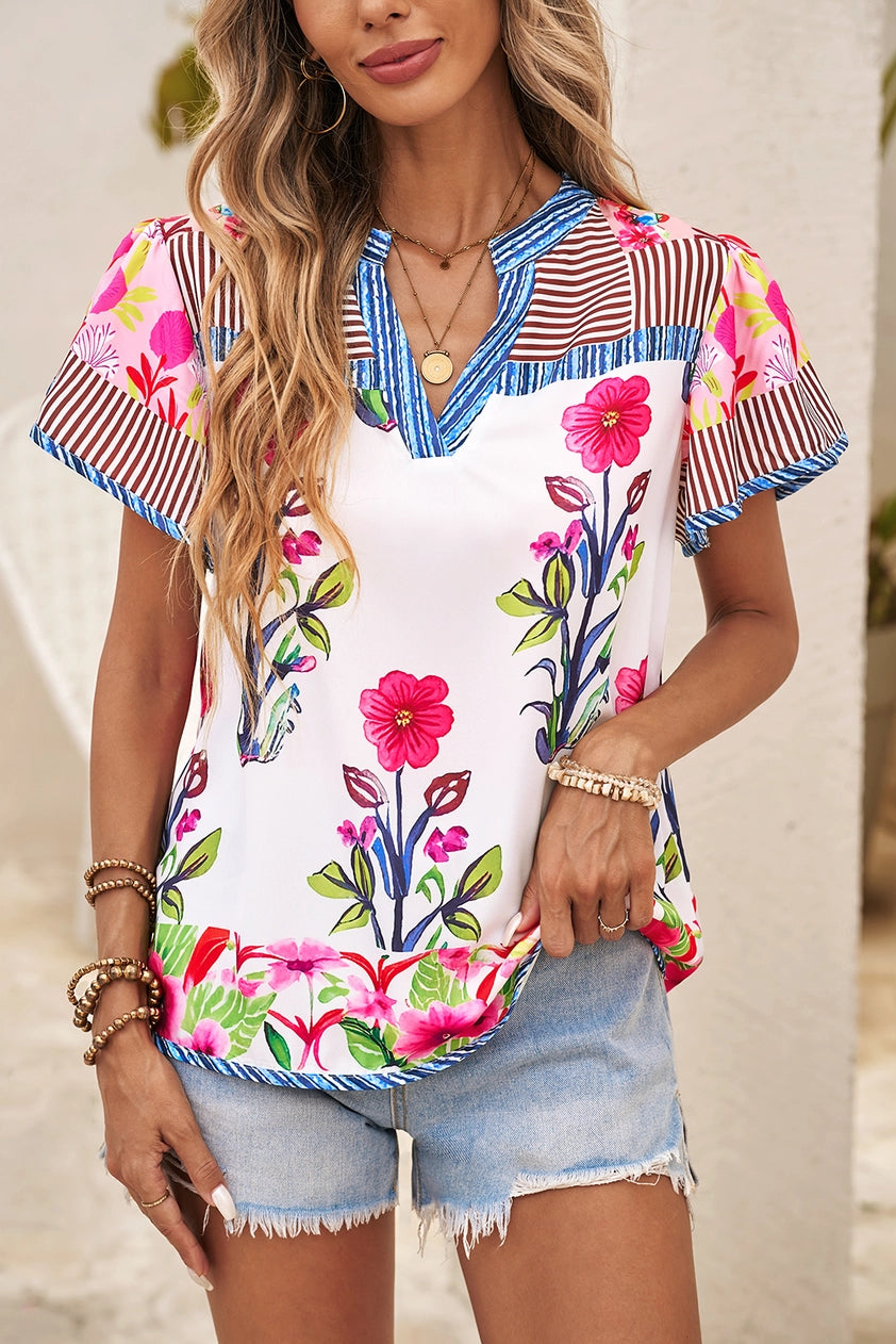 Floral Striped Patchwork Short Sleeve Split Neck Blouse