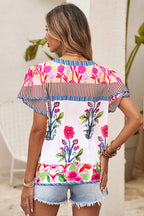 Floral Striped Patchwork Short Sleeve Split Neck Blouse