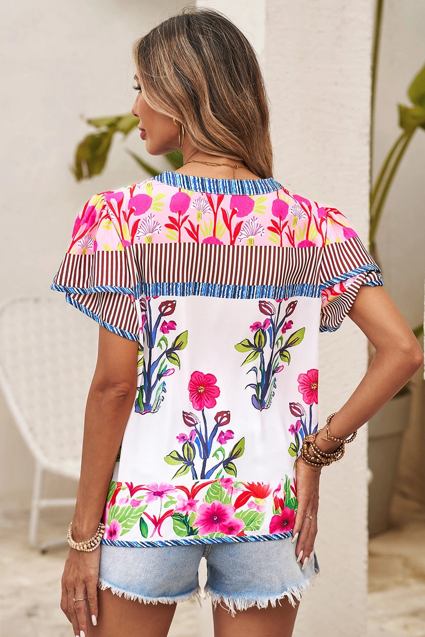 Floral Striped Patchwork Short Sleeve Split Neck Blouse